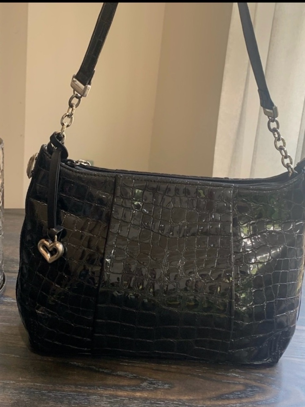 Brighton Black Patent Croc Embossed Leather Shoulder Bag preloved